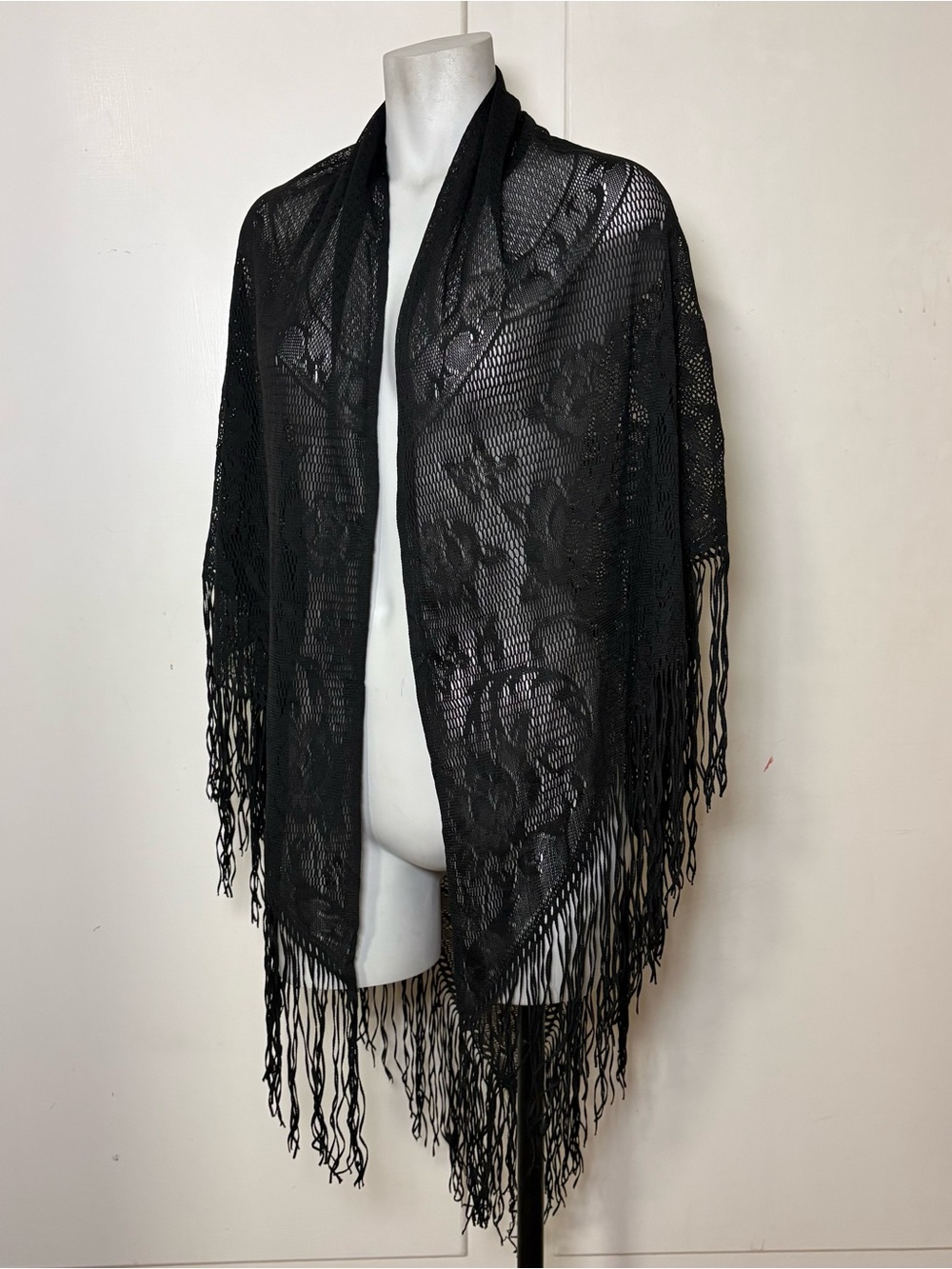 Vintage 70s Black Crochet Lace Fringe Piano Shawl